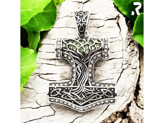 Thor Hammer mit gruenen und hellen Glitzersteinen Edler Massiver Wikingeranhaenger fuer Maenner und Frauen Rockyfy 01