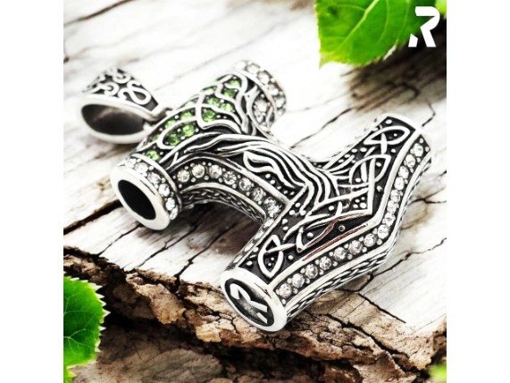 Thor Hammer mit gruenen und hellen Glitzersteinen Edler Massiver Wikingeranhaenger fuer Maenner und Frauen Rockyfy 02