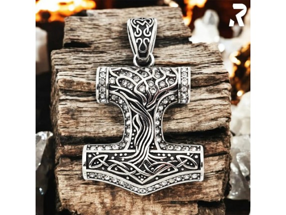 Thor Hammer mit hellen Glitzersteinen Edler Massiver Wikingeranhaenger fuer Maenner und Frauen Rockyfy 01