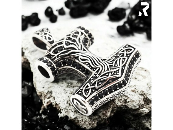 Thor Hammer mit schwarzen Glitzersteinen Edler Massiver Wikingeranhaenger fuer Maenner und Frauen Rockyfy 02