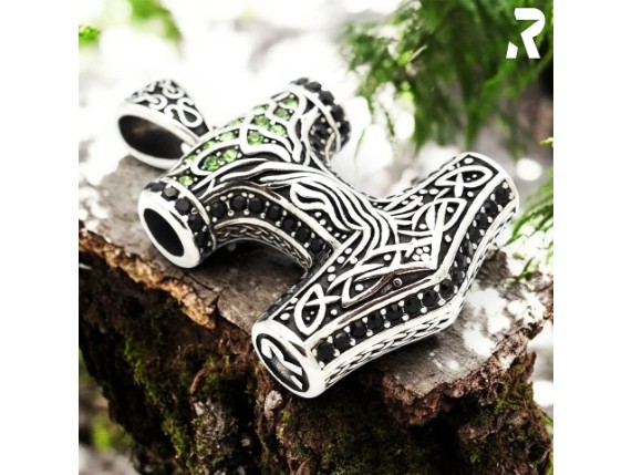 Thor Hammer mit schwarzen und gruenen Glitzersteinen Wikingeranhaenger fuer Maenner und Frauen Rockyfy 02
