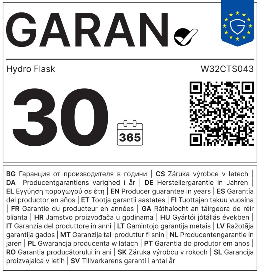 EU-Garantielabel: 30 Jahre Herstellergarantie von Hydro Flask für W32CTS043