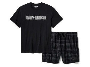 Schlafanzug Karo Shorts Set Herren schwarz