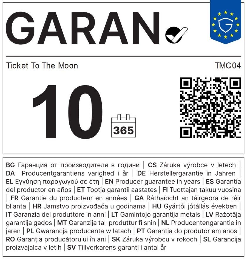 EU-Garantielabel: 10 Jahre Herstellergarantie von Ticket To The Moon für TMC04