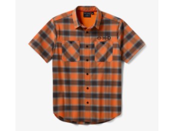96296-26VM H-D TECH Vented Stretch Comfort Shirt für Herren - Plaid - Harley Orange & Harley Black