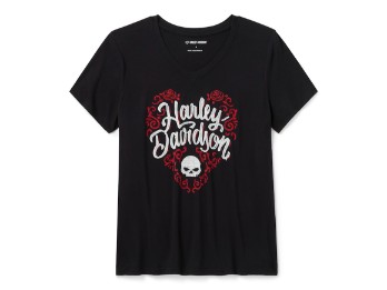 96355-26VW T-shirt à manches courtes et col en V Bling H-D Roses pour femme