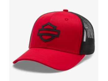 97604-26VM Herren-Trucker-Cap mit Logo und Farbblock, verstellbar – Hot Rod Red