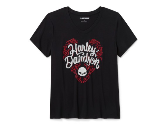 96355-26VW Bling H-D Roses Short Sleeve V Neck Tee für Damen