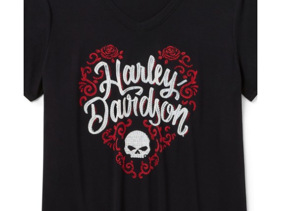 96355-26VW Bling H-D Roses Short Sleeve V Neck Tee für Damen d