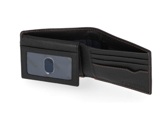 MWM005-08 Men's Classic Genuine Pebble Leather Skull Passcase Wallet Black open