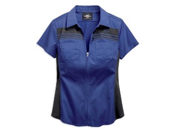 Women's Zip-Front Chest Striped Short Sleeve Shirt Blau