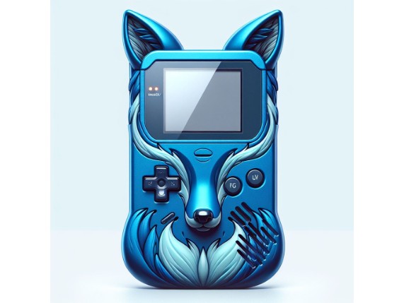 die Rückseite einer Gameboy artigen Handheld Konsole in form eines blauen Fuchses
