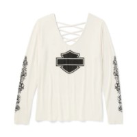 Harley-Davidson® Damen-Langarmshirt mit Glitzer, Chrom- und Rosenmuster, Schnürung am Rücken und V-Ausschnitt