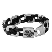 Harley-Davidson® Floating Links Herrenarmband aus schwarzem Leder und Stahl