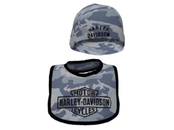Harley-Davidson® Baby Jungen Set mit bedrucktem Camouflage-Lätzchen und Mütze – Blaugrau