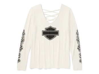 Harley-Davidson® Damen-Langarmshirt mit Glitzer, Chrom- und Rosenmuster, Schnürung am Rücken und V-Ausschnitt