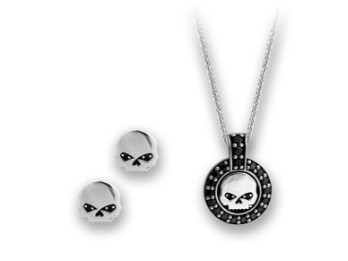 Harley-Davidson® Black Crystal Willie G Skull Kette & Ohrstecker Set