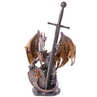Dark Legends Feuerdrache Figur mit Schild und Schwert Harz Drachenstatue 27 cm Fantasy Deko