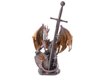Dark Legends Feuerdrache Figur mit Schild und Schwert Harz Drachenstatue 27 cm Fantasy Deko
