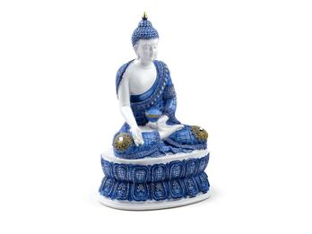 Thai Buddha Figur im Lotussitz aus Harz Blau Weiß 26,5 cm