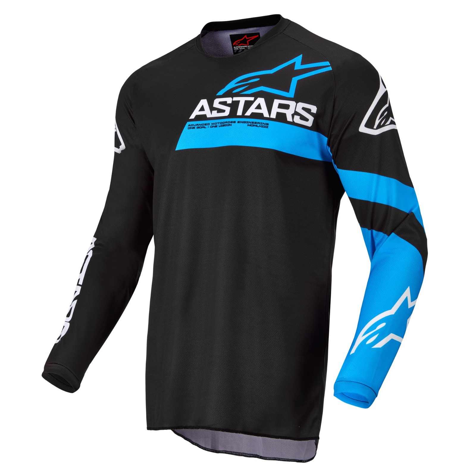 Camiseta Alpinestars Fluid Chaser Jersey 2022 negro azul neón cruzado