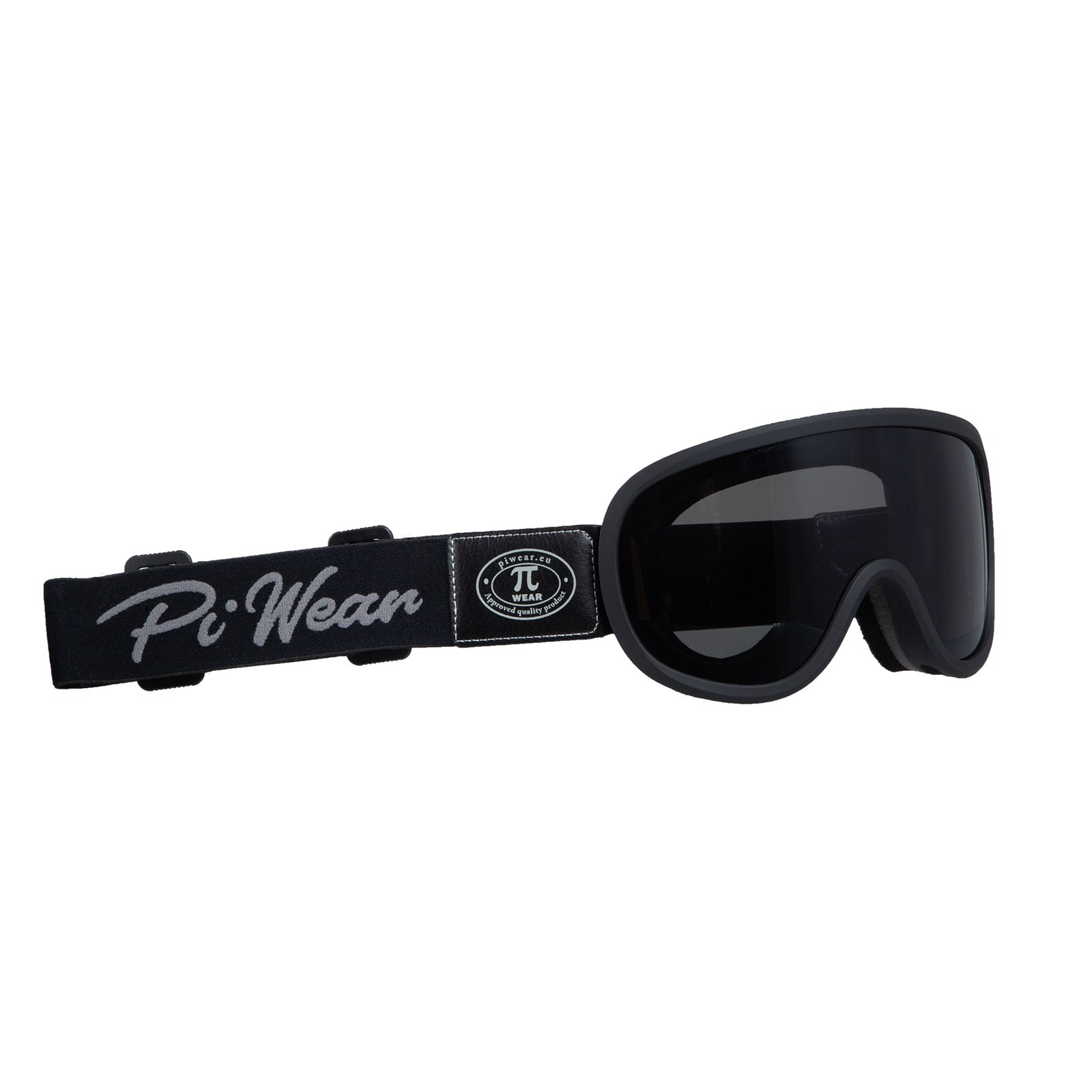 PiWear® Arizona Crossbrille Motorradbrille Überbrille für Brillenträger Retro gepolstert beschlagfrei Rahmen grau schwarz Band graue Logo schwarz Glas dunkel getönt silber verspiegelt 