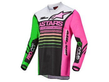 Camiseta Alpinestars Racer Compass Jersey 2022 preta verde neon rosa cruzada