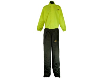 jaqueta de chuva de duas peças e calças neon amarelo preto