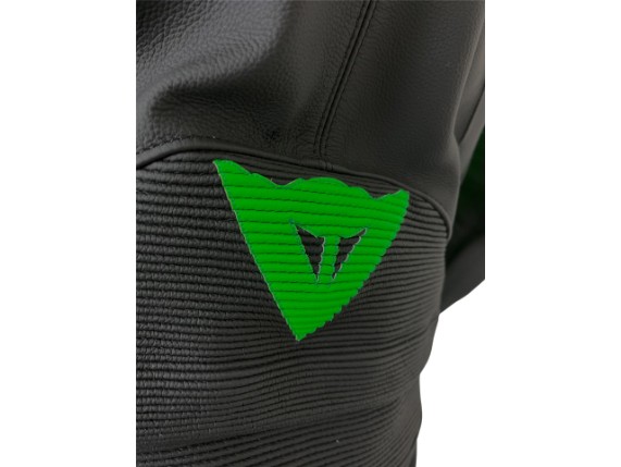 Fato de couro masculino Dainese Custom Works detalhe verde Dainese logo