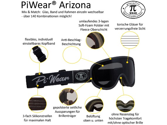 PiWear® Arizona Retro Motorradbrille Überbrille Schutzbrille für Brillenträger gepolstert beschlagfrei Rahmen braun Band braun Logo schwarz Glas braun getönt verlaufend