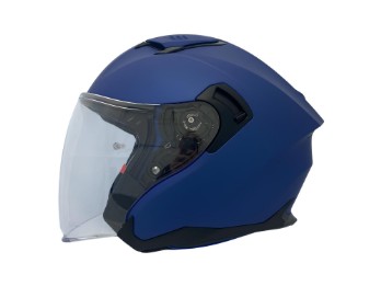 JI200 Solid metallic blau matt Jethelm mit langem Visier und Sonnenblende ECE 22.06