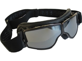 Motorradbrille T2 gunmetal, Leder schwarz, Gläser silber verspiegelt