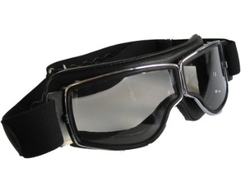 Motorradbrille T2 Chrom, Leder schwarz, Gläser klar
