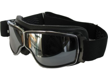 Motorradbrille T2 Chrom, Leder schwarz, Gläser silber verspiegelt