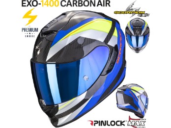 Integralhelm Exo-1400 Air Carbon Legione blau neon gelb GRATIS Visier Sonnenblende Max Pinlock