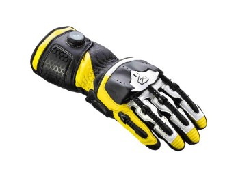 Handroid MK5 schwarz weiß gelb Motorradhandschuhe mit langer Stulpe Vollmanschette BOA-Verschluss Leder CE Protektoren
