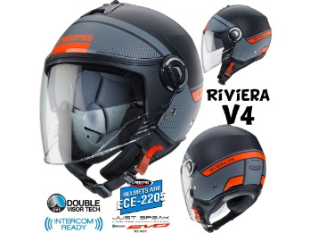 Jethelm Riviera V4 Elite matt orange langes Visier Sonnenblende Demi-Jet ECE 22.05