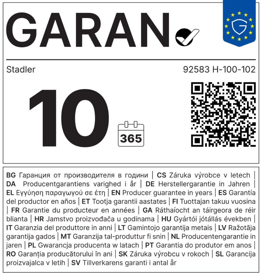 EU-Garantielabel: 10 Jahre Herstellergarantie von Stadler für 92583 H-100-102