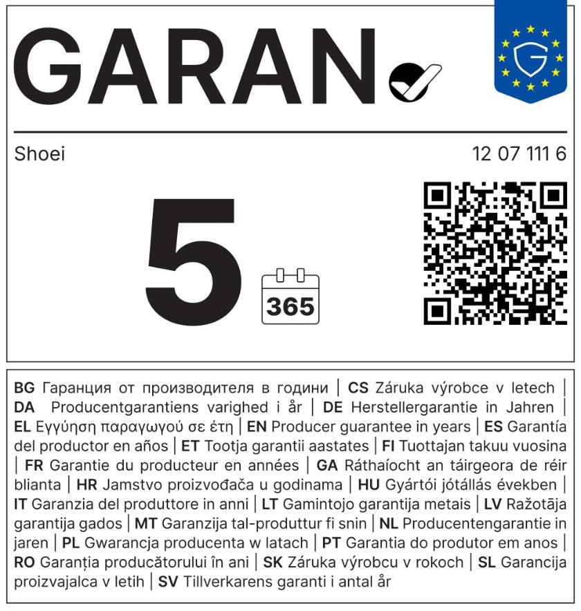 EU-Garantielabel: 5 Jahre Herstellergarantie von Shoei für 12 07 111 6