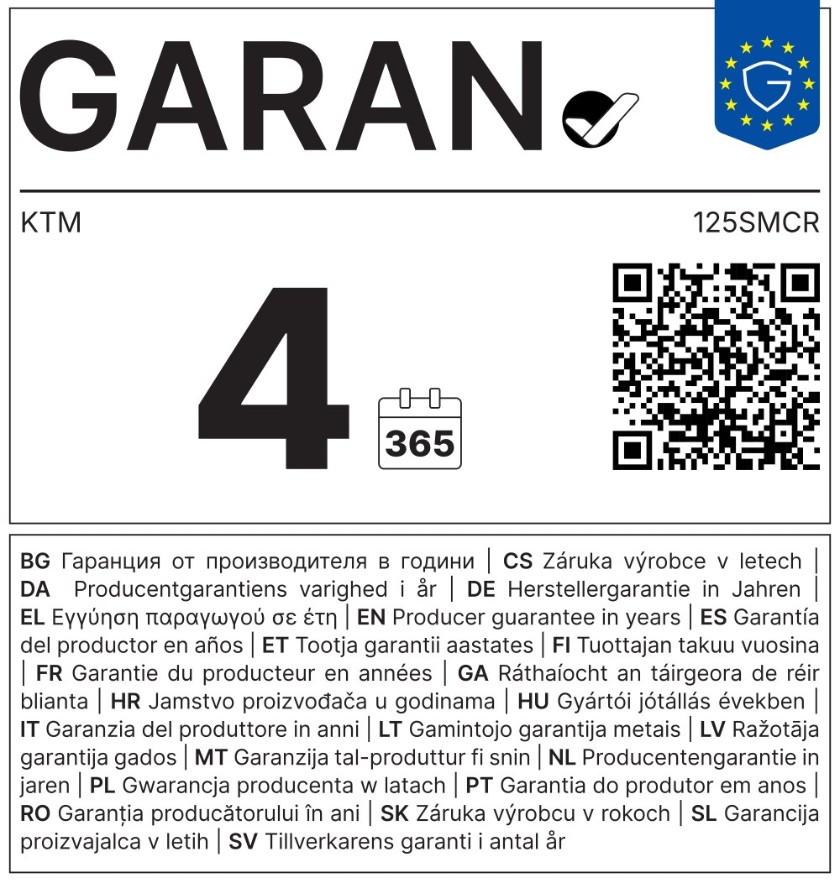 EU-Garantielabel: 4 Jahre Herstellergarantie von KTM für 125SMCR
