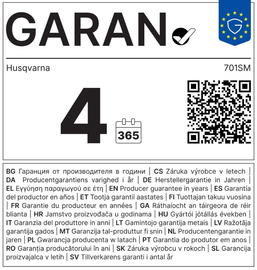EU-Garantielabel: 4 Jahre Herstellergarantie von Husqvarna für 701SM