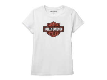 T-shirt da donna bianca brillante con grafica Bar & Shield