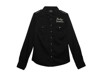 Классическая черная рубашка с цепным стежком в стиле милитари Женская рубашка