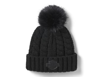 Leather Patch Pom Beanie Harley Black Damen Bommel Mütze Schwarz