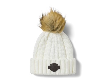 Leather Patch Pom Beanie Cloud Dancer Damen Bommel Mütze Weiß