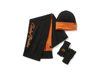 Harley Holidays Cadeauset Harley Zwarte Hoed, Sjaal, Handschoenen voor Dames Zwart-Oranje