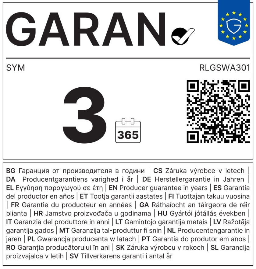 EU-Garantielabel: 3 Jahre Herstellergarantie von SYM für RLGSWA301