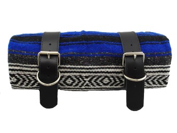 Mexican Serape Roll-up Blanket with Black Leather Belts- Blu