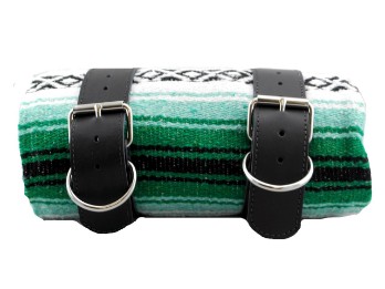Mexican Serape Roll-up Blanket with Black Leather Belts- Gre