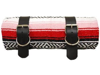 Mexican Serape Roll-up Blanket with Black Leather Belts- Red